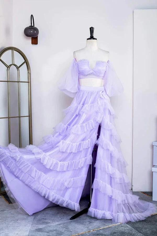 Two Piece Lavender Off the Shoulder Ruffles Prom Dress with Slit PSK469 by pgmdress