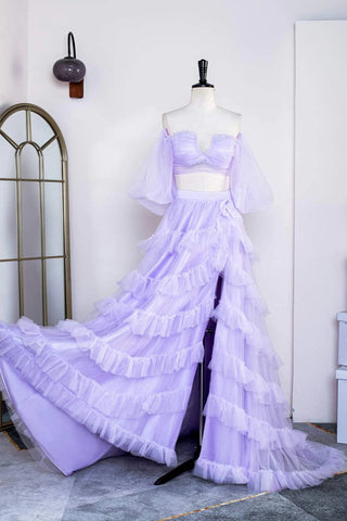 Zweiteiliges schulterfreies Ballkleid mit Rüschen und Schlitz in Lavendel PSK469