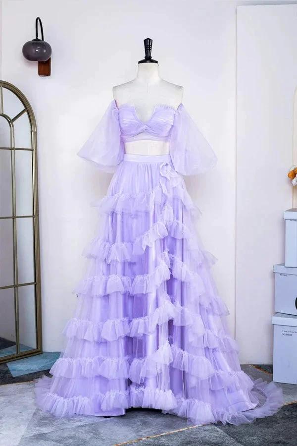 Two Piece Lavender Off the Shoulder Ruffles Prom Dress with Slit PSK469 by pgmdress