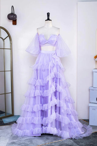 Zweiteiliges schulterfreies Ballkleid mit Rüschen und Schlitz in Lavendel PSK469