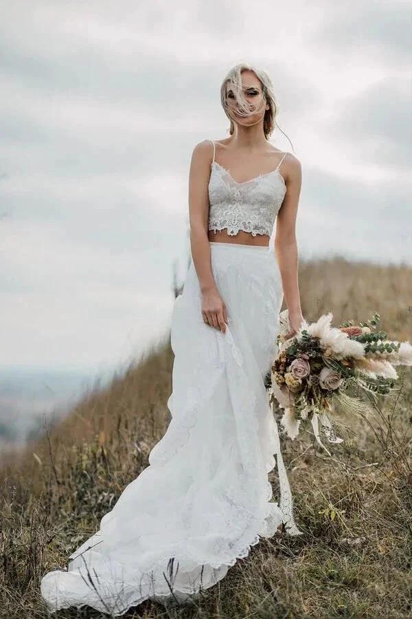 Two Pieces Lace Appliques Spaghetti Straps Wedding Dresses Bridal Gown WD628 by pgmdress