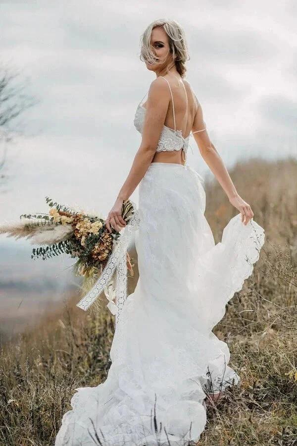 Two Pieces Lace Appliques Spaghetti Straps Wedding Dresses Bridal Gown WD628 by pgmdress