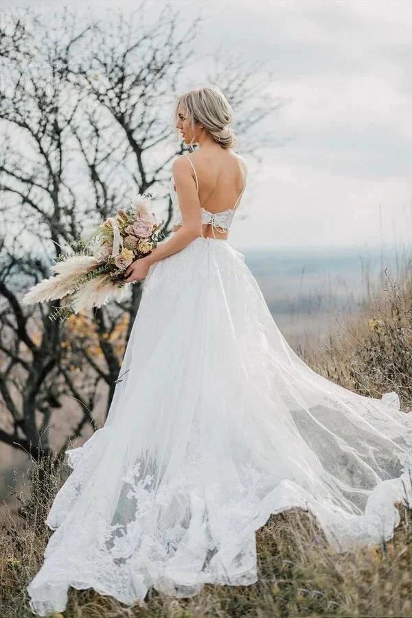 Two Pieces Lace Appliques Spaghetti Straps Wedding Dresses Bridal Gown WD628 by pgmdress