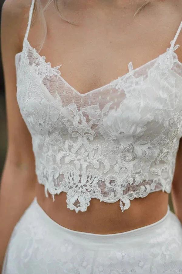 Two Pieces Lace Appliques Spaghetti Straps Wedding Dresses Bridal Gown WD628 by pgmdress