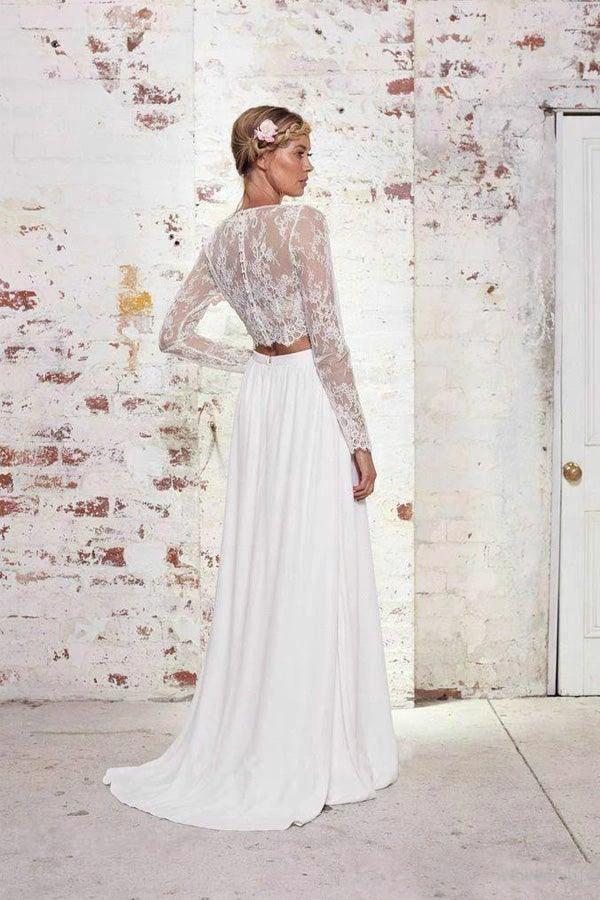 Two Pieces Long Sleeves Lace White Beach Wedding Bridal Dresses WD383 by pgmdress