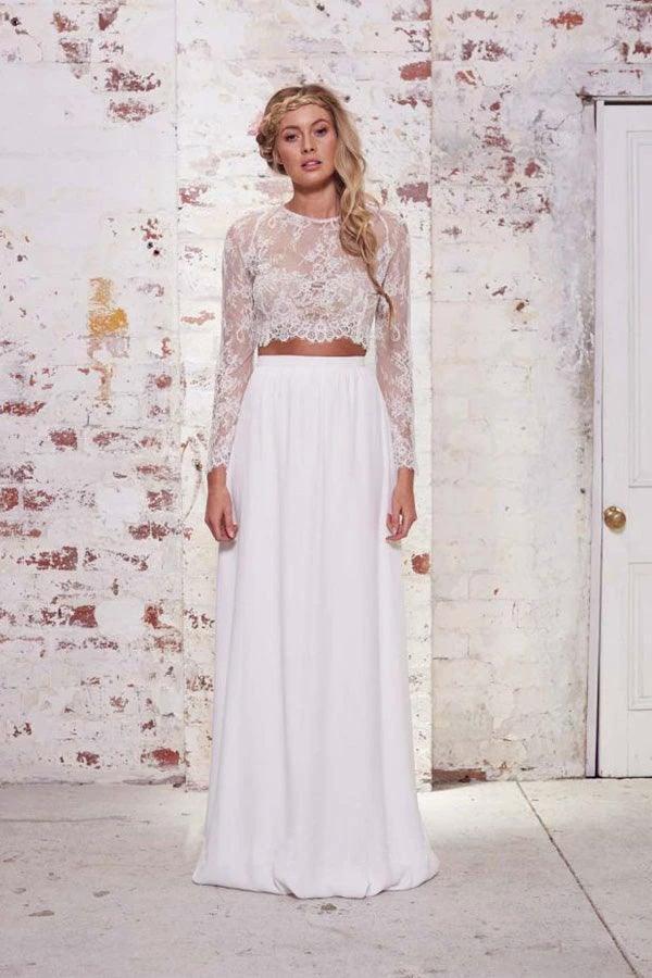 Two Pieces Long Sleeves Lace White Beach Wedding Bridal Dresses WD383 by pgmdress