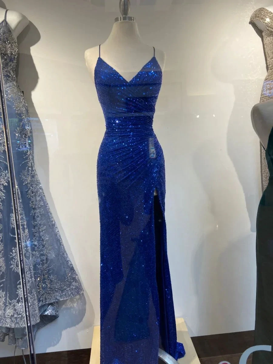 Sparkly blue sequin evening gown with slit on mannequin at ZAPDRESS store display