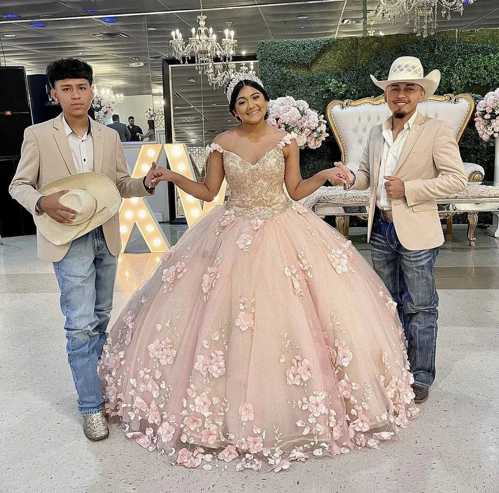 Luxurious Pink 3D Flowers Quinceanera Dress,Pink Tulle Ball Gown Y5410 by simplepromdress