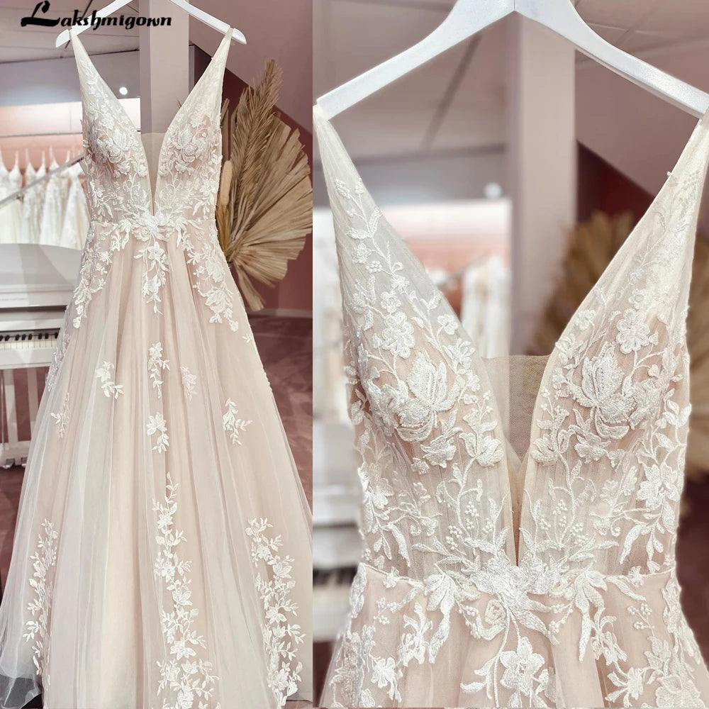 Vintage Lace V-Neck Tulle Wedding Dress Sleeveless Lace Bride Dresses Sexy Backless Open Back Robe De Mariee Customized