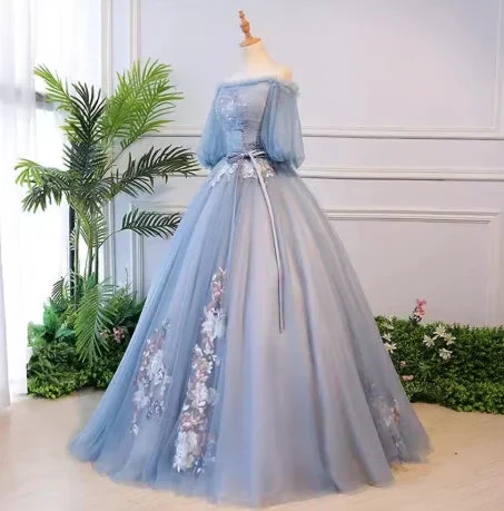 Unique blue tulle lace long prom dress blue evening dress S13770 by simplepromdress