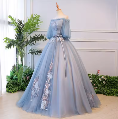 Unique blue tulle lace long prom dress blue evening dress S13770