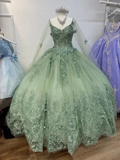 Sage Green 3D Butterfly Applique Cape Ball Gown Y2785 by simplepromdress