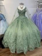 Sage Green 3D Butterfly Applique Cape Ball Gown Y2785 by simplepromdress