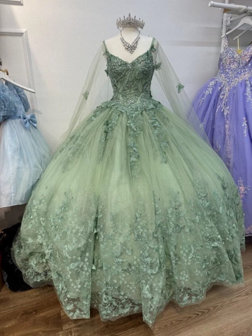 Salbeigrünes Ballkleid mit 3D-Schmetterlingsapplikation und Cape Y2785