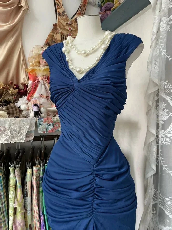 Vintage Navy Blue Chiffon Ruched Evening Gown Mermaid Party Prom Dress Y8076 by simplepromdress
