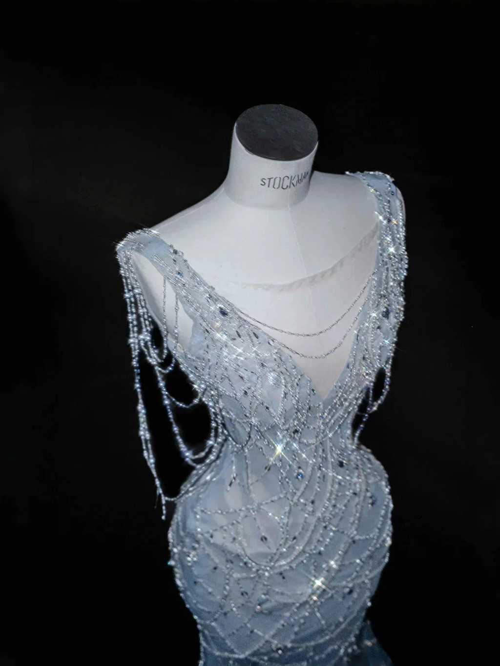 Dream Blue Tulle Beaded Chain V Neck Long Mermaid Prom Dress Evening Dress Y8665 by simplepromdress