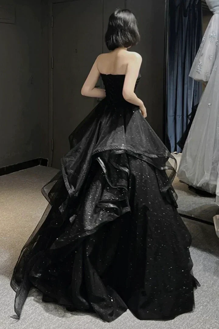Black tulle long prom dress A line evening gown Y74 by simplepromdress