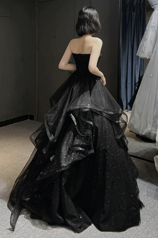 Vestido de fiesta largo de tul negro, corte A, vestido de noche Y74