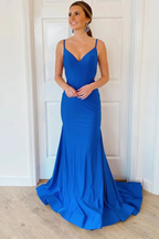 Mermaid Open Back V Neck Blue Long Prom Dresses, Blue Mermaid Formal Dresses, V Neck Blue Evening Dresses Y355 by simplepromdress