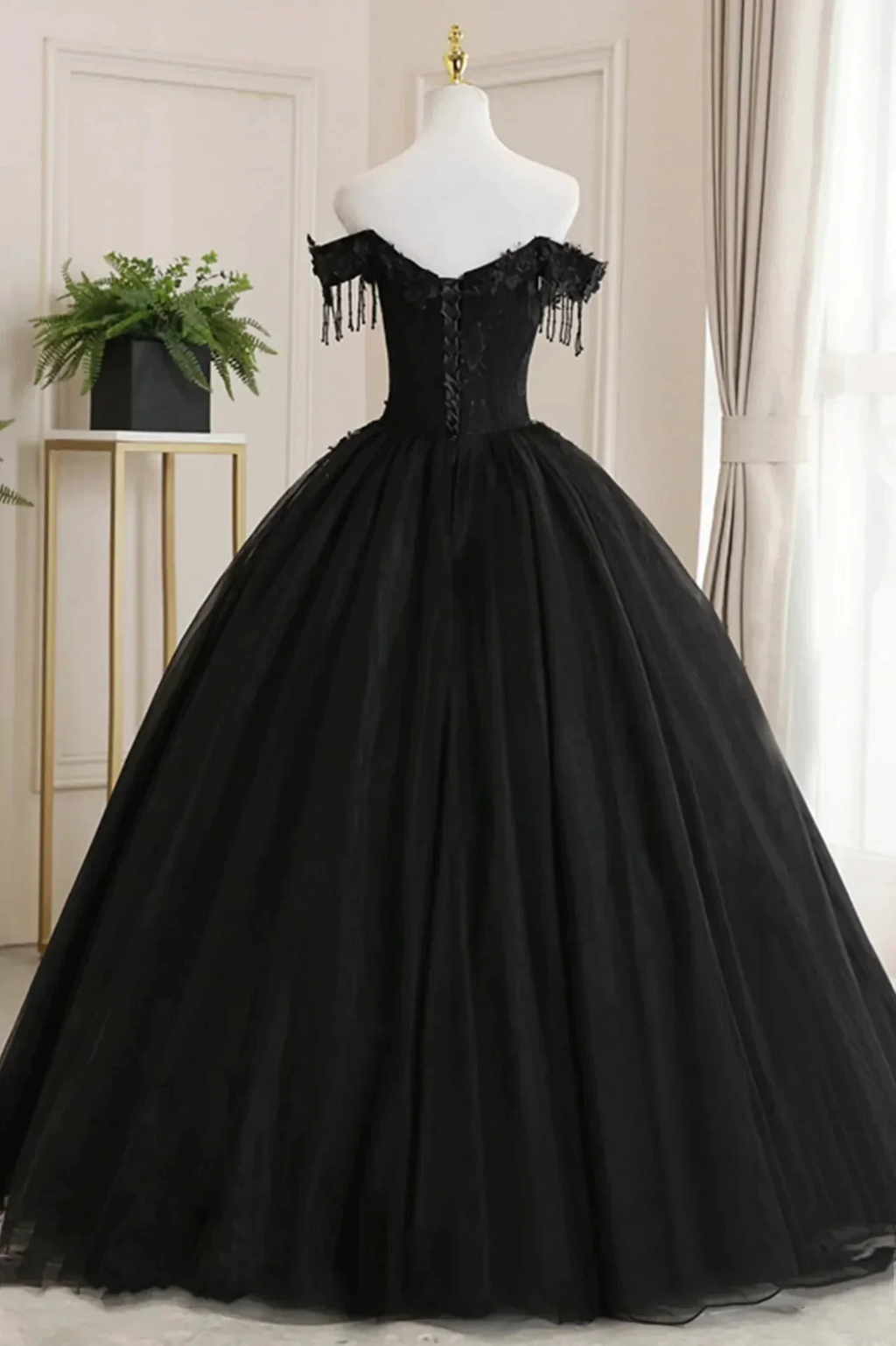 Black Off Shoulder Tulle Ball Gown With Lace Sweet 16 Dress, Black Long Evening Dress Y1143 by simplepromdress