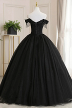 Black Off Shoulder Tulle Ball Gown With Lace Sweet 16 Dress, Black Long Evening Dress Y1143 by simplepromdress