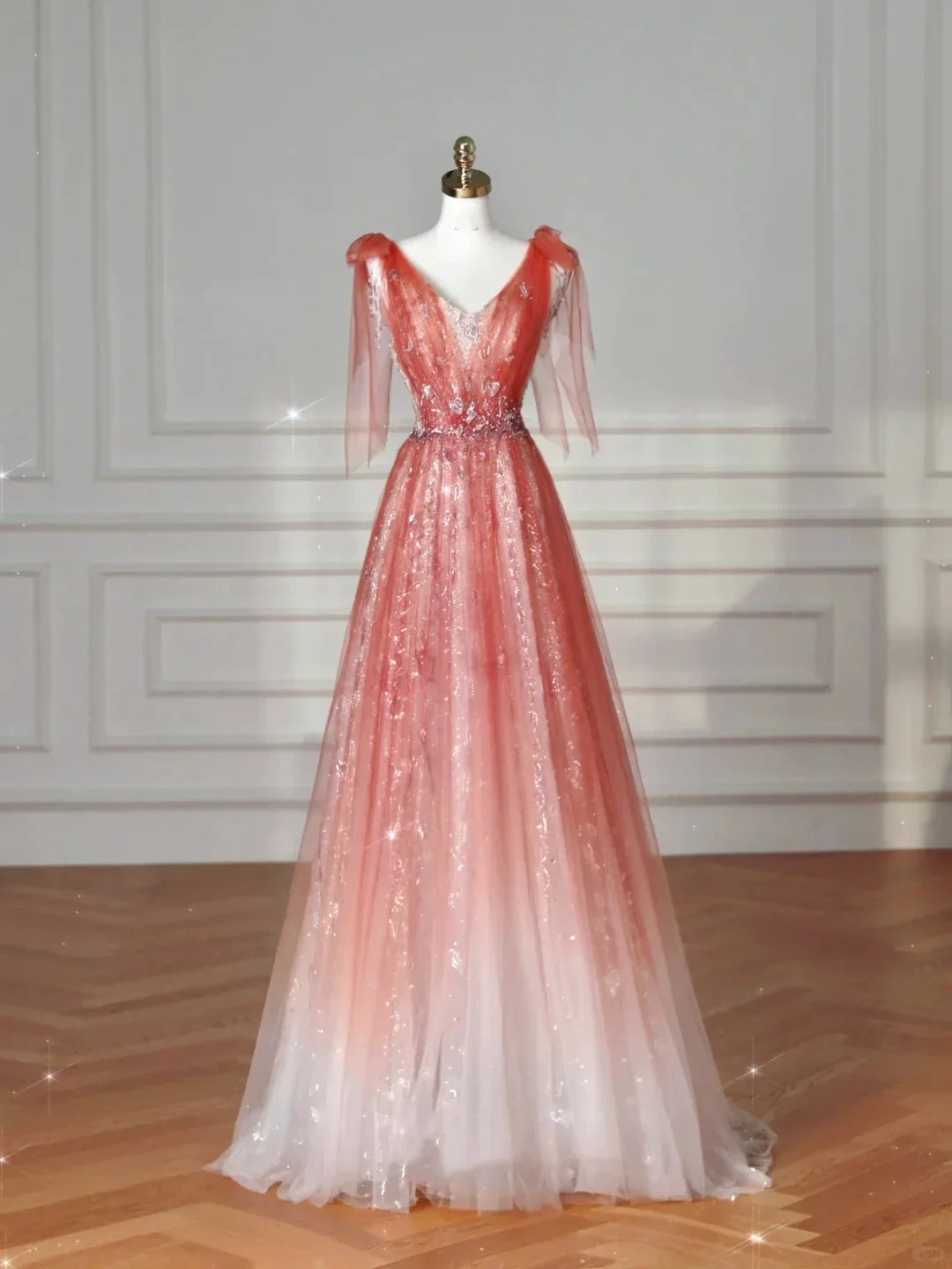 Elegant V Neck Tulle Sequins Prom Dress Strawberry Pink A Line Long Evening Dress Y8614 by simplepromdress