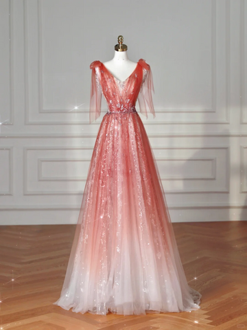 Elegant V Neck Tulle Sequins Prom Dress Strawberry Pink A Line Long Evening Dress Y8614
