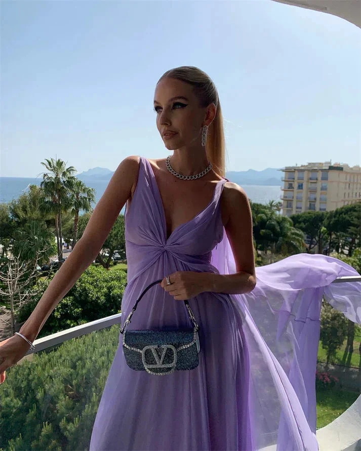Simple Purple V Neck Tulle Prom Dress Long Evening Gown Y7774 by simplepromdress