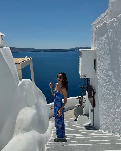 Unique Spaghetti Straps Blue Chiffon Print Floral Ruffles Prom Dress Long Evening Dress Y7913 Main Image