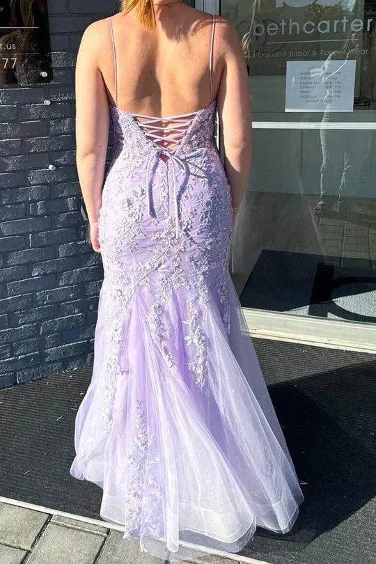 Lilac Spaghetti Straps Lace Appliques Mermaid Prom Dress Long Evening Gown Y7933 by simplepromdress