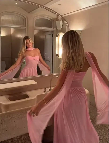 Pink Sweetheart Neck Chiffon Long Prom Dress Evening Dress Y8479 by simplepromdress