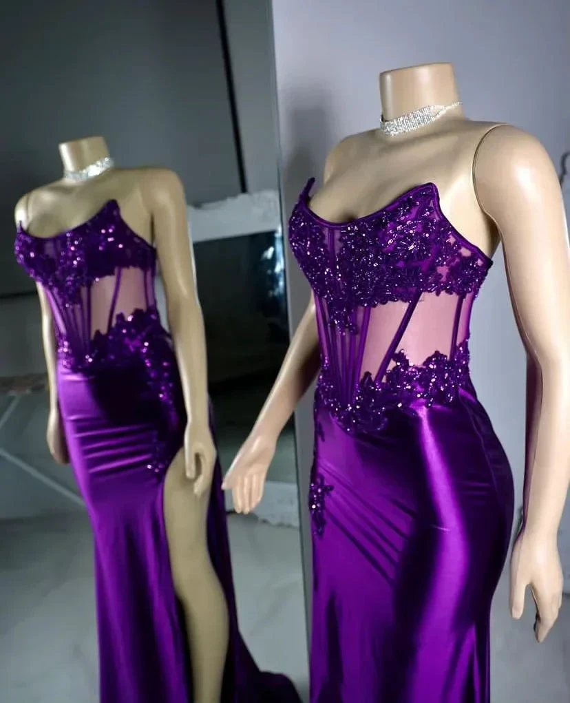 Purple Strapless Satin Lace Appliques Prom Party Dress Mermaid Sexy Split Evening Dress Y8121 by simplepromdress