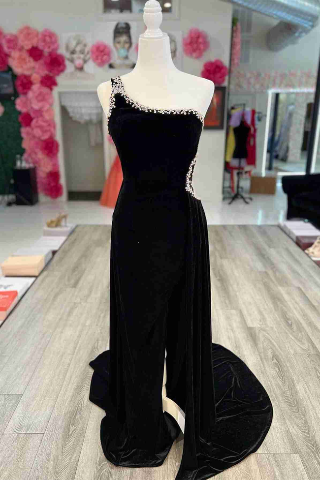 Beaded One Shoulder Black Velvet Long Formal Dress,Sexy Evening Dress Y1791 Hover Image