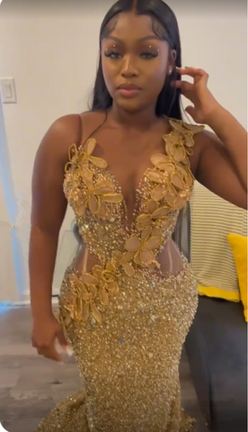 Luxurious Gold Sequins Appliques Evening Dress Mermaid Prom Dress Y7880