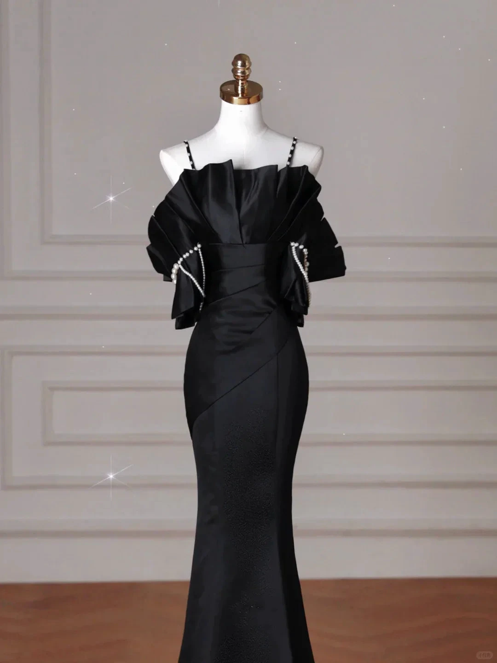 Elegant Black Spaghetti Straps Satin Off The Shoulder Mermaid Evening Dress Prom Dress Y8641 by simplepromdress