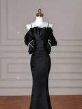 Elegant Black Spaghetti Straps Satin Off The Shoulder Mermaid Evening Dress Prom Dress Y8641 by simplepromdress