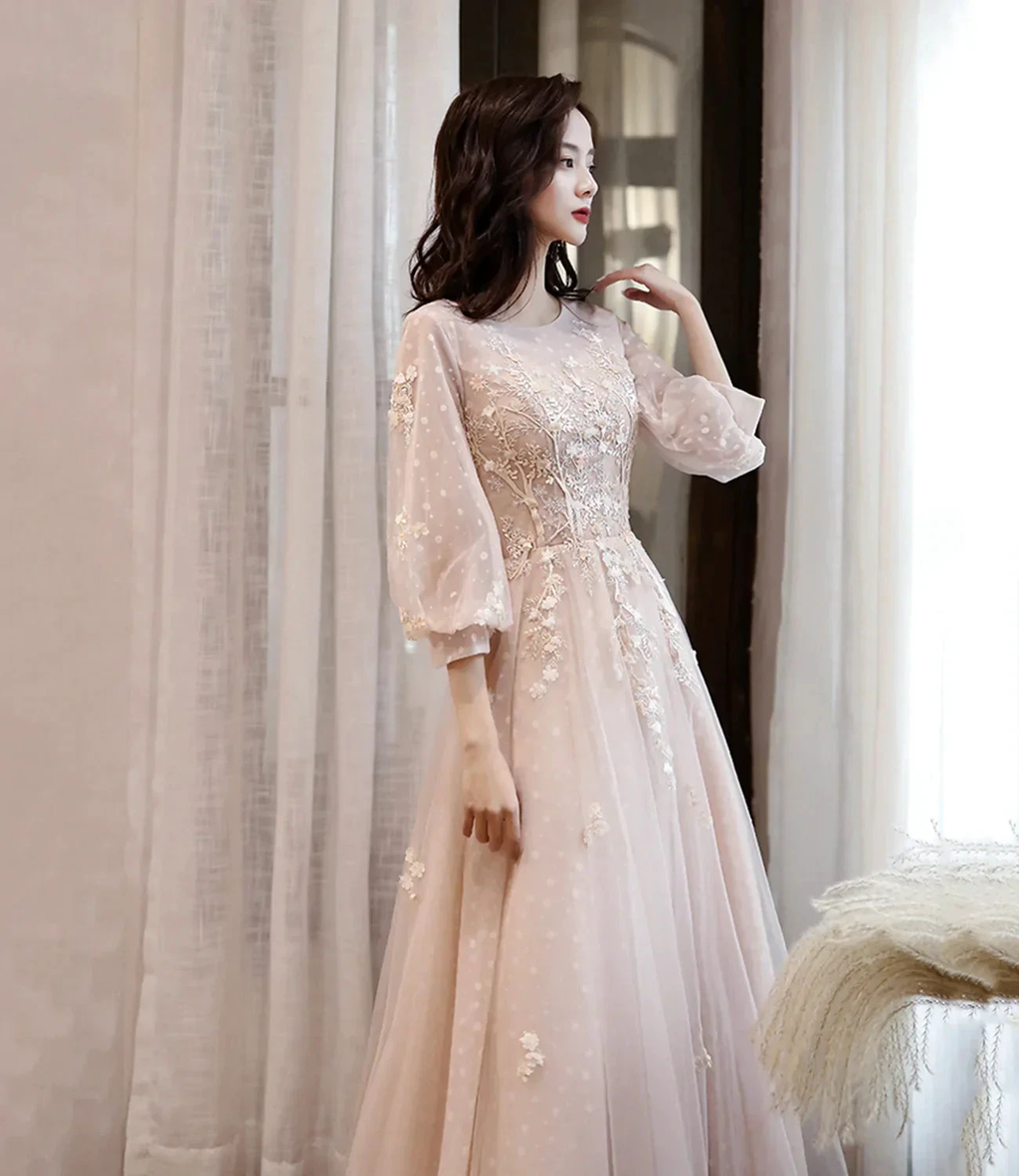 Cute tulle lace long prom dress A line evening dress Y1291 by simplepromdress