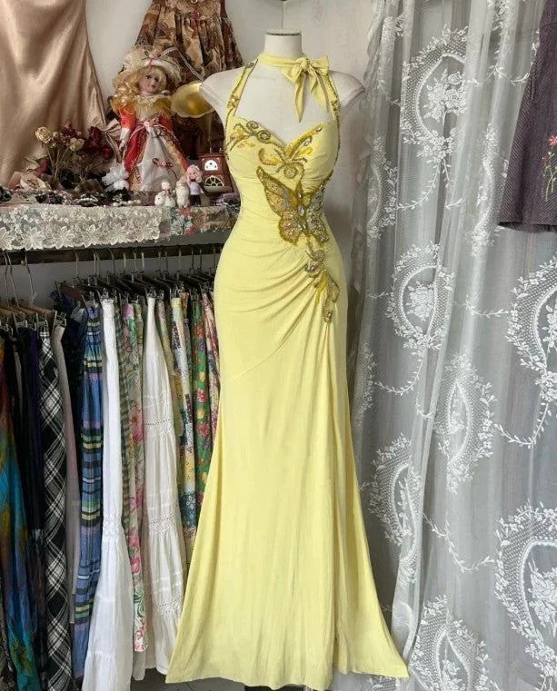 Elegant Yellow Mermaid Halter Neck Sequin Diamond Long Prom Dress Backless Slit Evening Dress Y8554 by simplepromdress