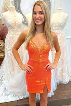 Lace-Up Sequin Short Homecoming Dress with Slit Y2947 by simplepromdress