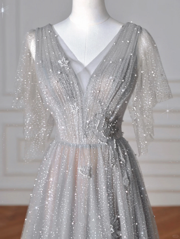 Sparkly Gray Tulle Sequins A Line Prom Dress Sexy V Neck Evening Dress Y8638