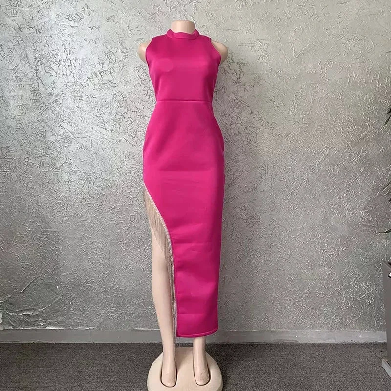 Women's Sexy Shiny Slit Fringe Bandage Dress Elegant Long Evening Dress Y407 by simplepromdress