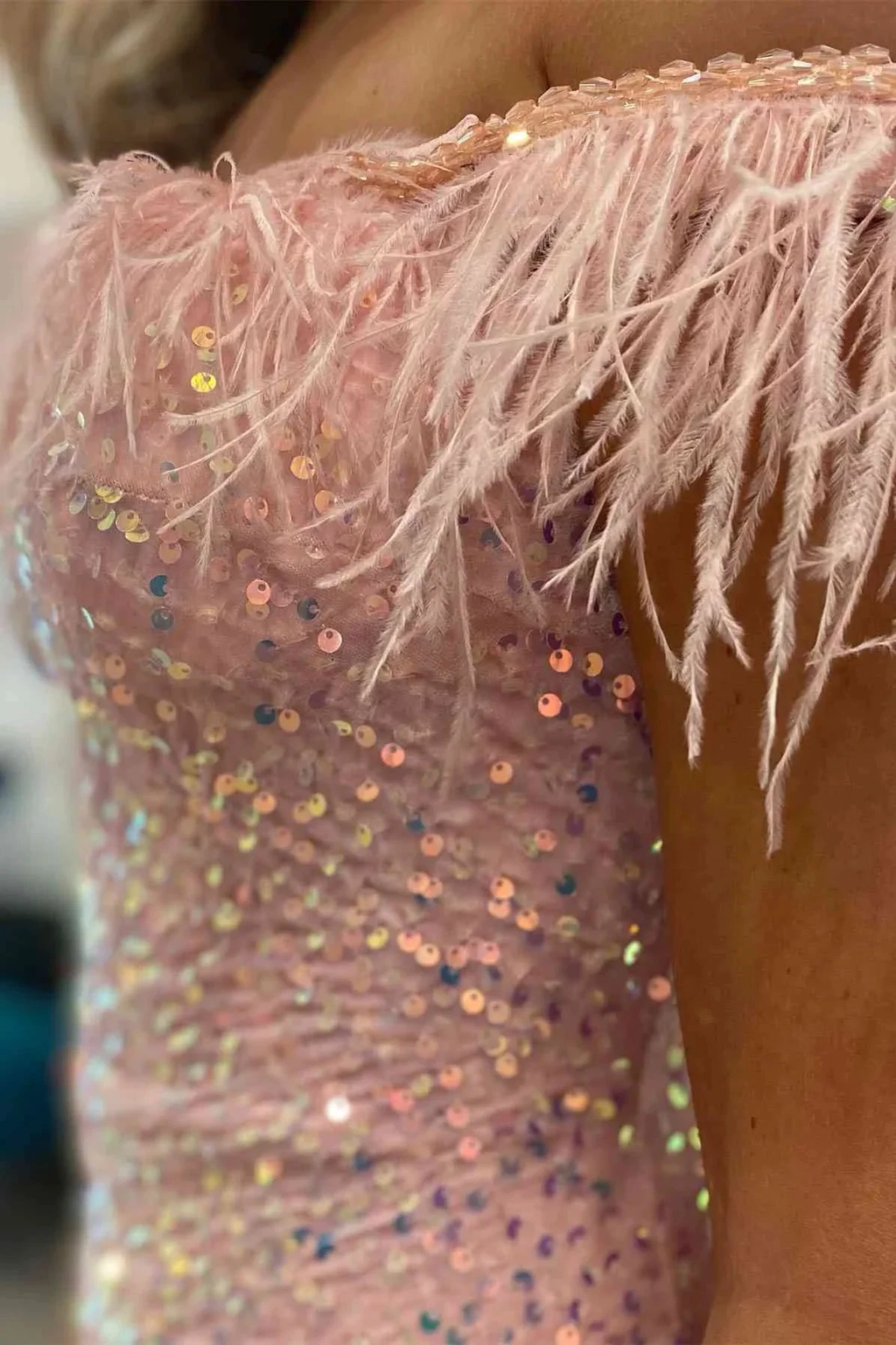 Short Sequin Off the Shoulder Pink Feather Bodycon Homecoming Dress Y2862 by simplepromdress
