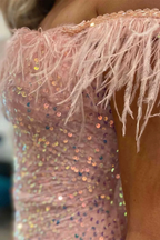 Short Sequin Off the Shoulder Pink Feather Bodycon Homecoming Dress Y2862 by simplepromdress