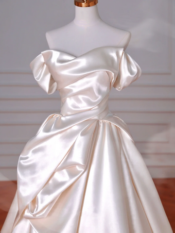 Vestido de noche elegante de satén plisado con hombros descubiertos, corte A, para graduación, vestido de novia blanco Y8633