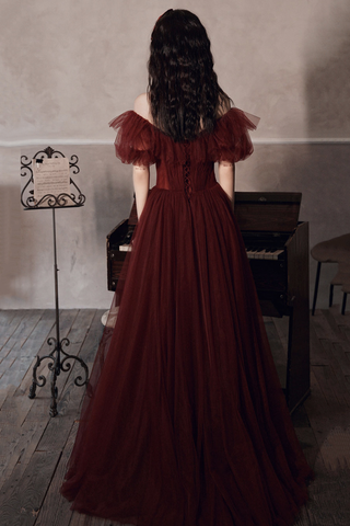Burgunderrotes schulterfreies Tüll-Ballkleid Abendkleid Y8351