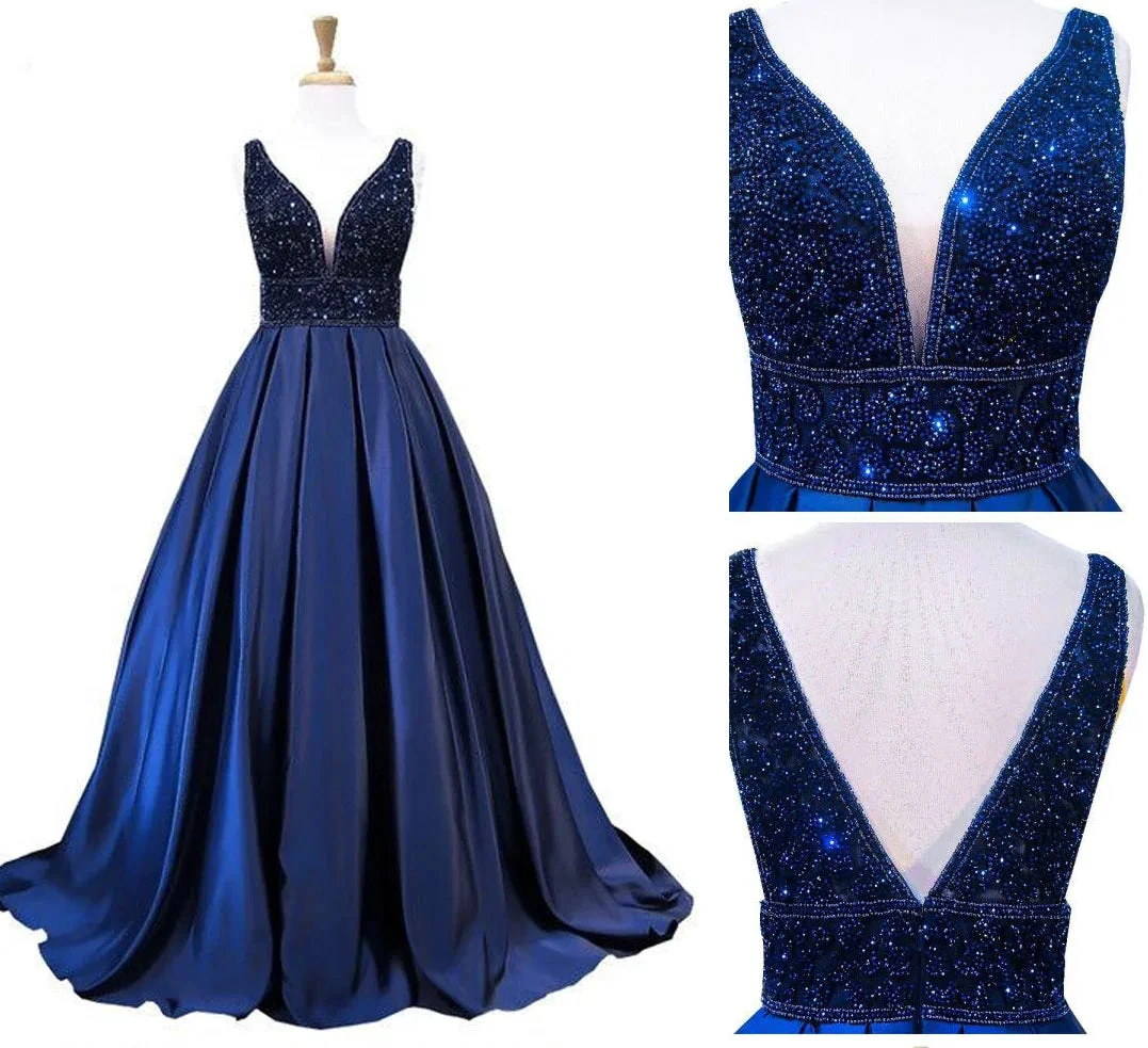 Women's Long Evening Dress Navy Blue V-Neck Sleeveless Open Back Beaded Formal Evening Dress Y1193 by simplepromdress