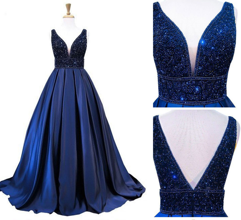 Women's Long Evening Dress Navy Blue V-Neck Sleeveless Open Back Beaded Formal Evening Dress Y1193