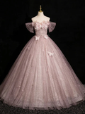 Elegant Pink Tulle Sequins Ball Gown Butterfly Appliques Formal Evening Dress Y7996 by simplepromdress