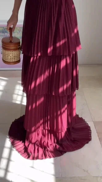 Burgundy Strapless Chiffon Pleated Tiered Long Evening Dress A Line Prom Dress Y8503 by simplepromdress