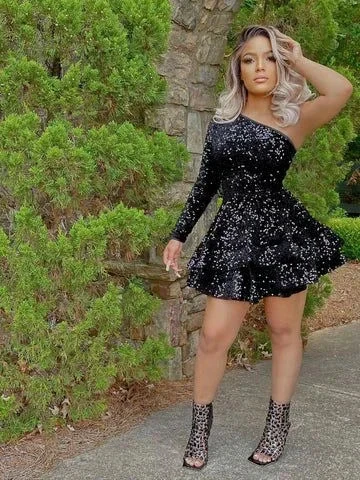 Sparkly Sequin Cocktail Dresses Short A Line One Shoulder African Women Formal Long Sleeve Homecoming Dress Y4048 by simplepromdress
